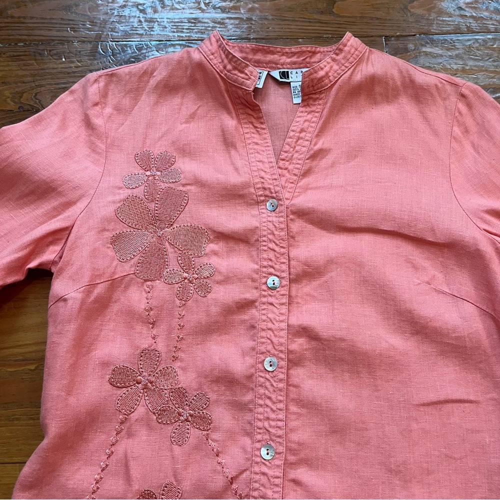 Carole Little VTG Coral Linen Embroidered Floral Button Down Top Cottagecore S